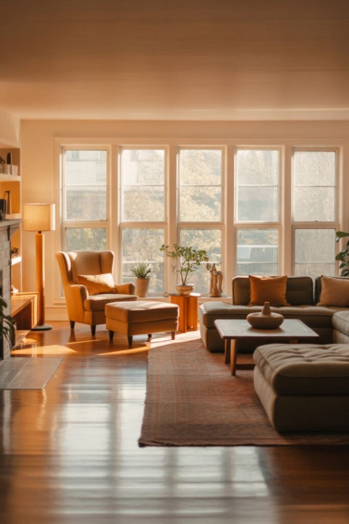 Living room with large windows and multiple seating zones