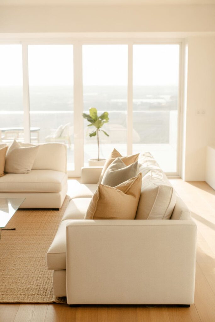 Living room with large windows and simple, uncluttered decor