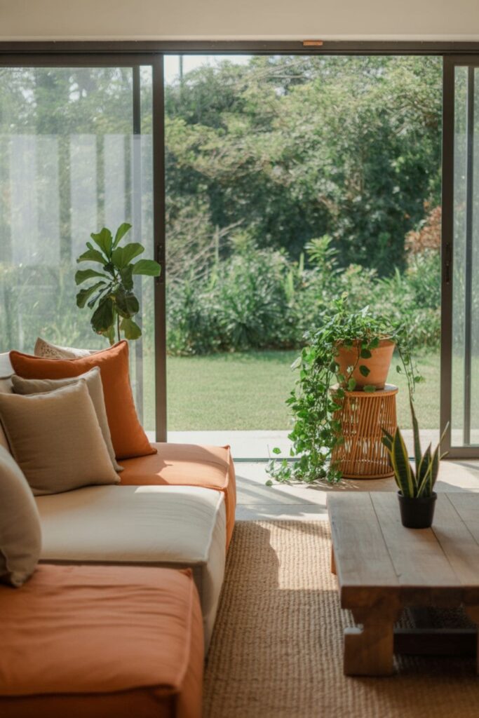 Living room with large windows overlooking a garden and earthy interior tones