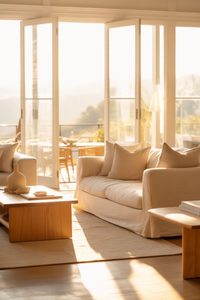 Living room with large windows using clear glass and natural light