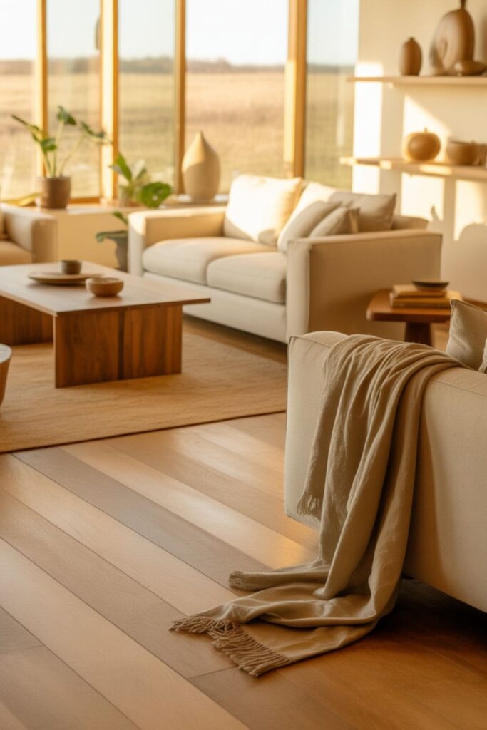 Living room with large windows, warm wood accents, and natural daylight