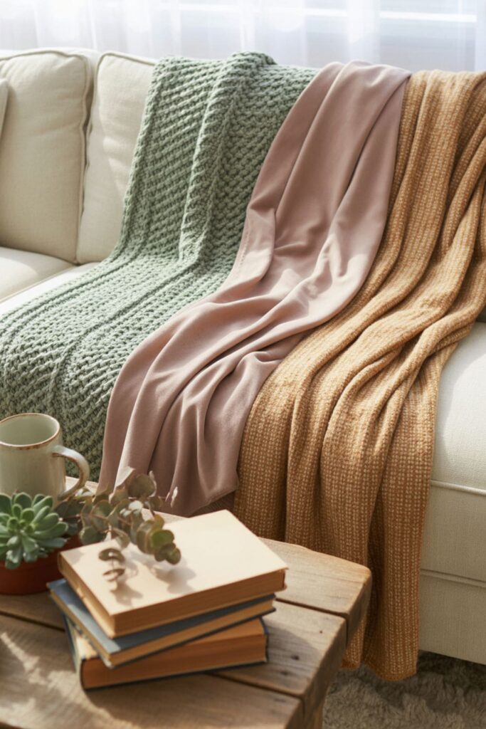 Living room with layered textures using blankets, books, and accessories