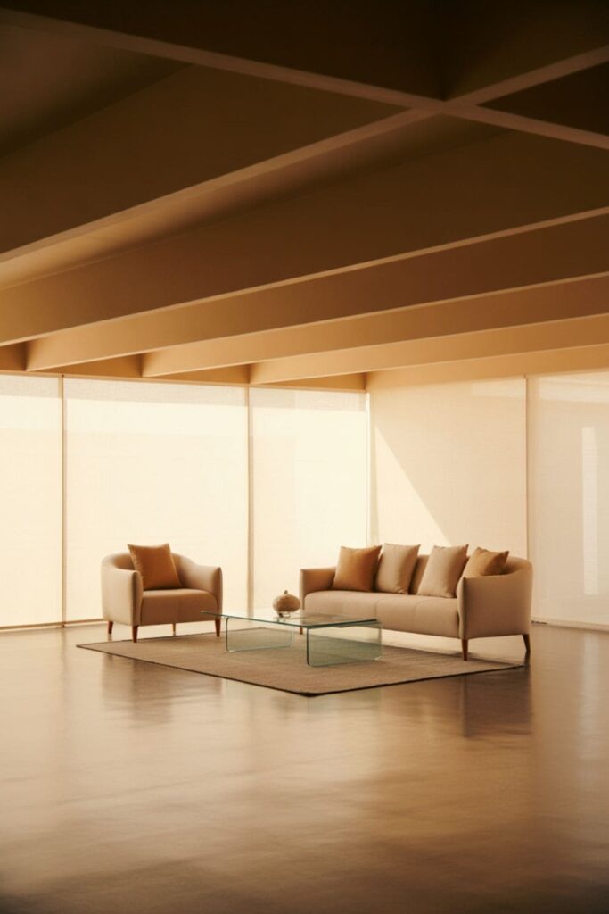 Living room with low ceiling featuring tall slim mirrors reflecting natural light, minimal furniture, and bright walls