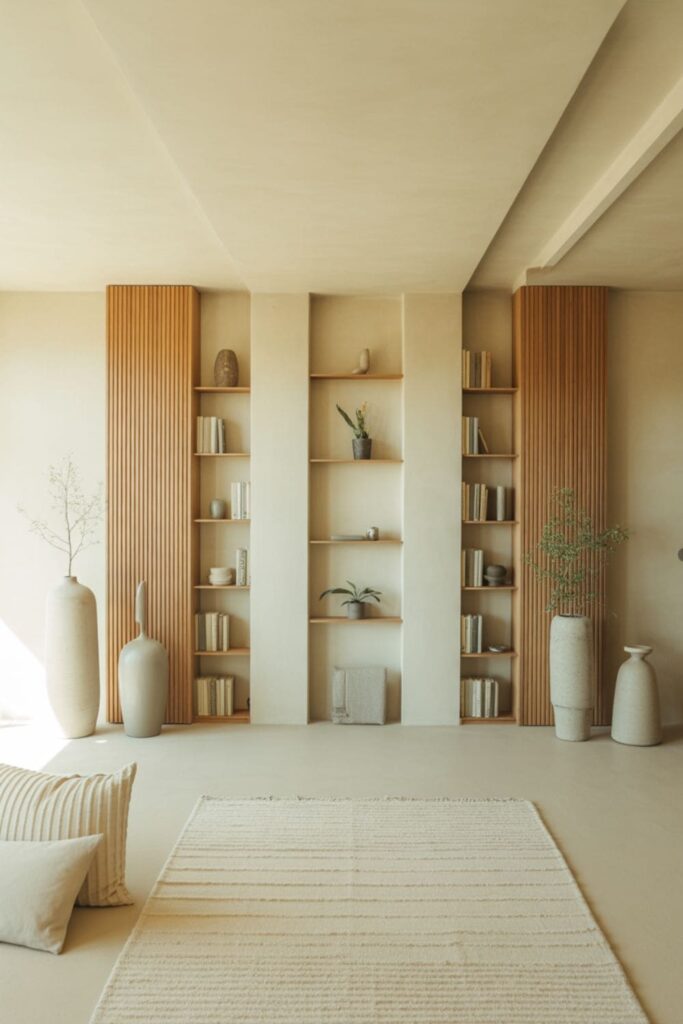 Living room with low ceiling, vertical wall panels, slim bookcases, narrow shelving, and subtle striped patterns