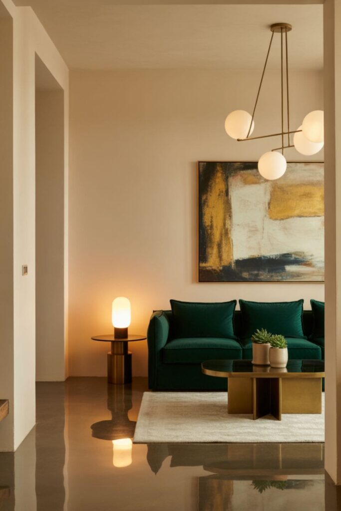 Living room with neutral walls and flooring, bold furniture and artwork, boutique hotel aesthetic