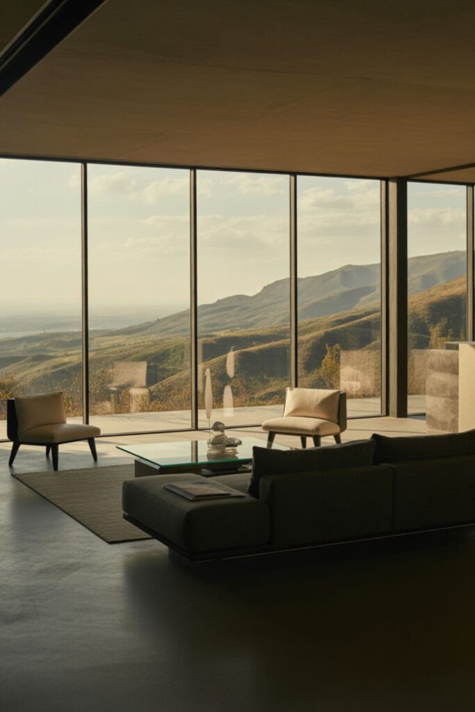 Living room with panoramic windows and low-profile modern furniture