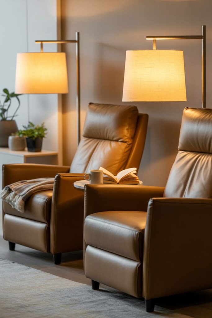 Living room with recliners beside floor lamps, soft warm lighting, and cozy reading corner