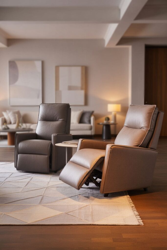 Living room with recliners placed partially on a subtle patterned area rug, cohesive furniture layout