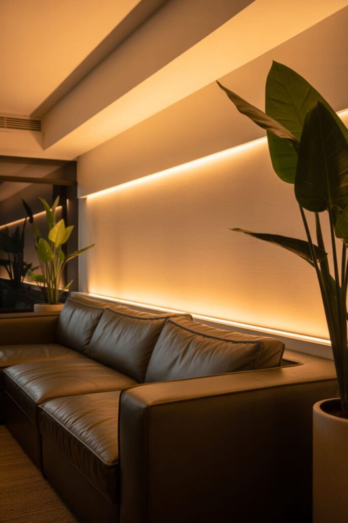 Living room with subtle uplighting behind a sofa adding depth and atmosphere