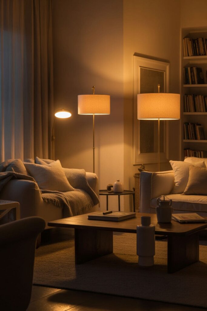 Living room with warm lamps and accent lights for screen-free relaxation