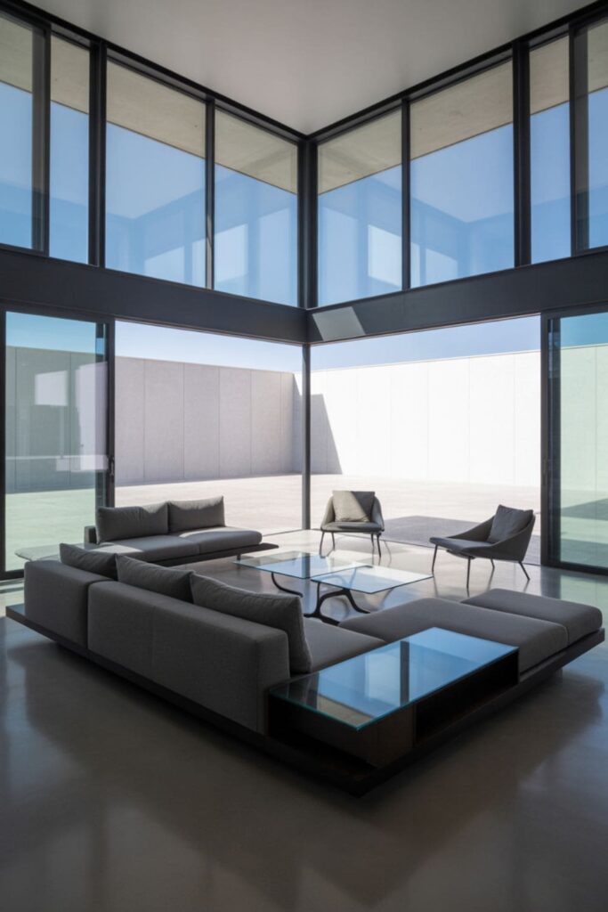 Living room with wraparound windows and floating furniture layout