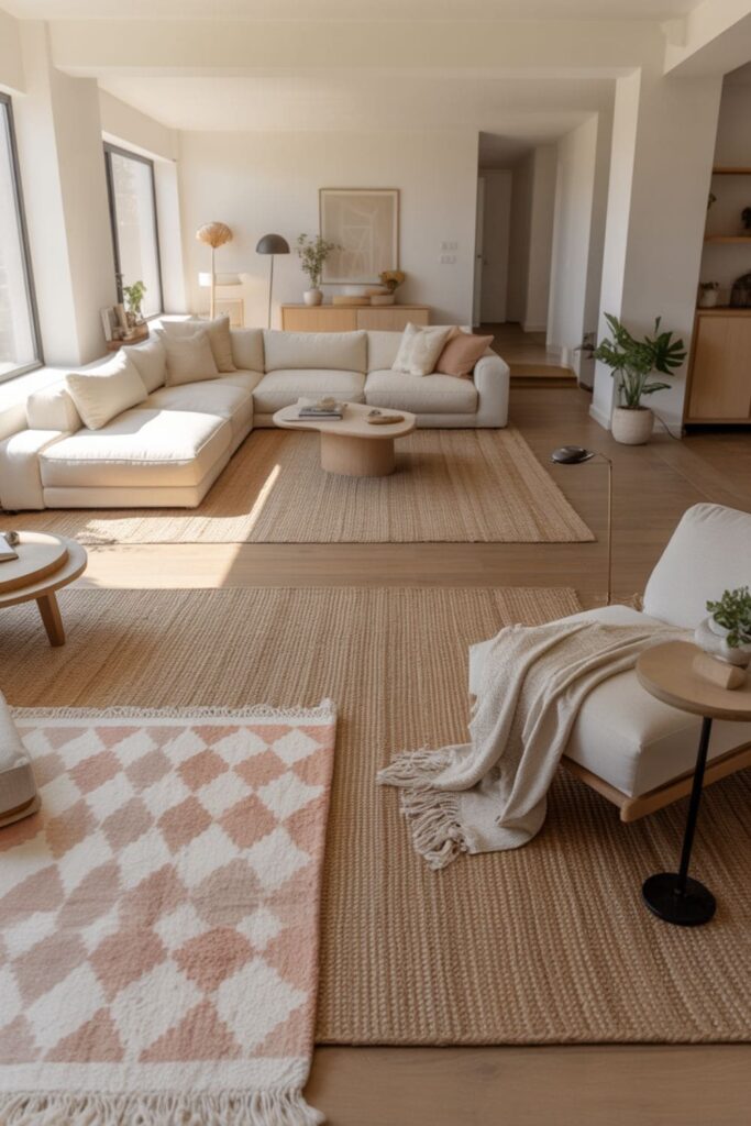Living room zones defined with area rugs in a rental apartment