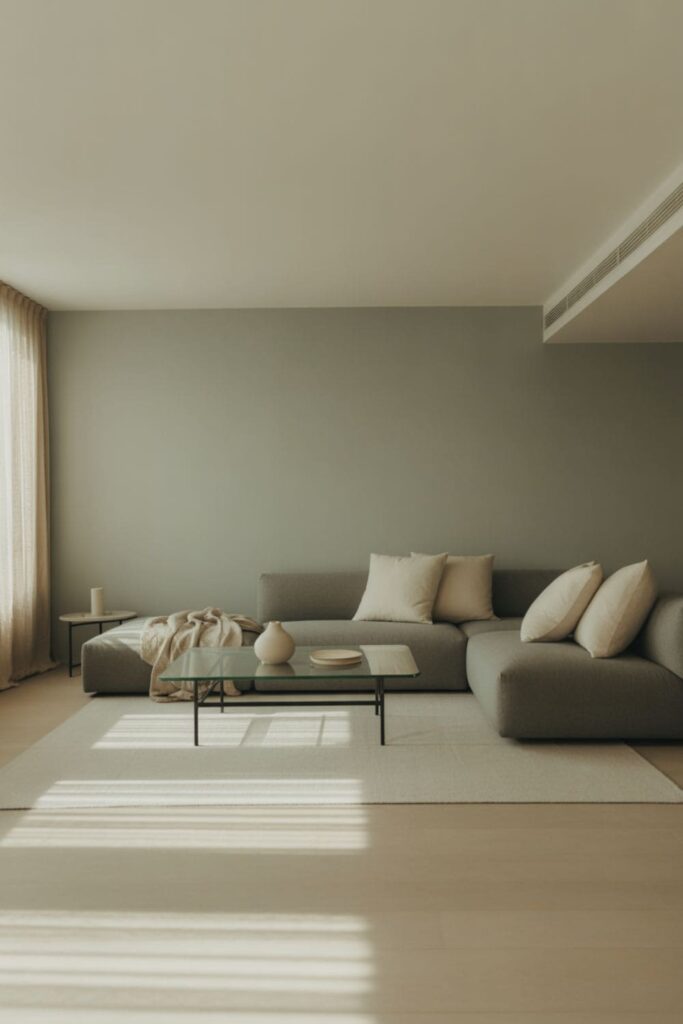 Low-ceiling living room with a few tall narrow plants like snake plants and palms, minimal furniture, and bright walls