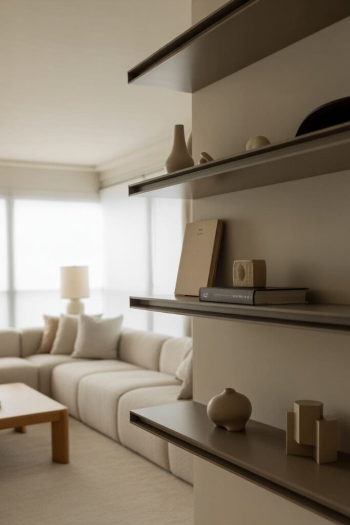 Low-ceiling living room with a simple monochromatic color palette, neutral tones, minimal decor, and cozy furniture