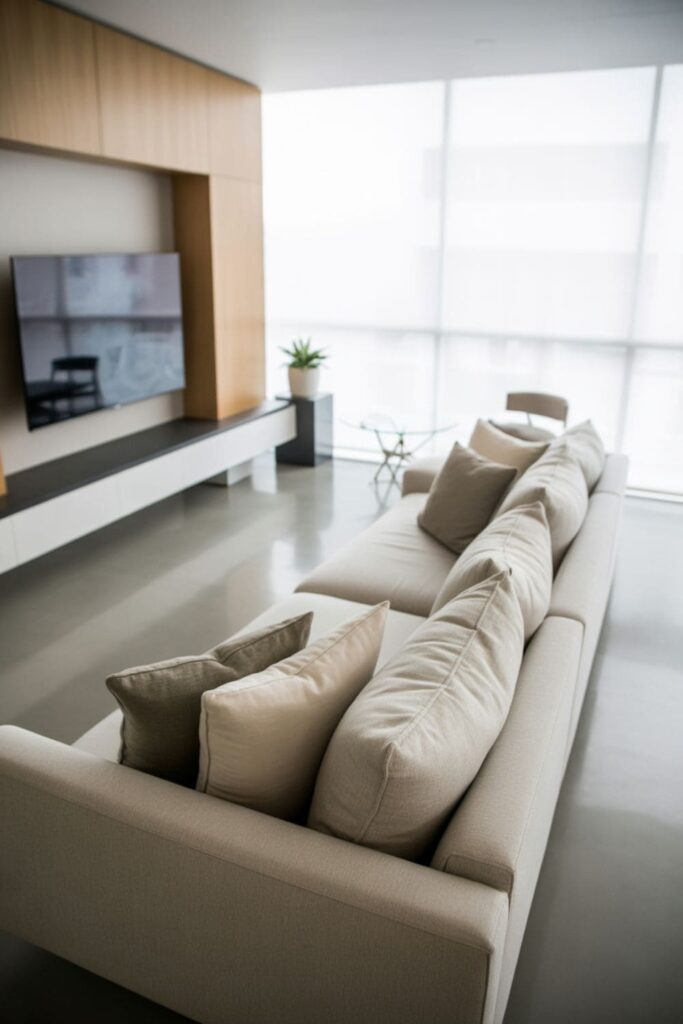 Low-ceiling living room with a statement sofa or fireplace as focal point, light walls, minimal decor, and balanced layout