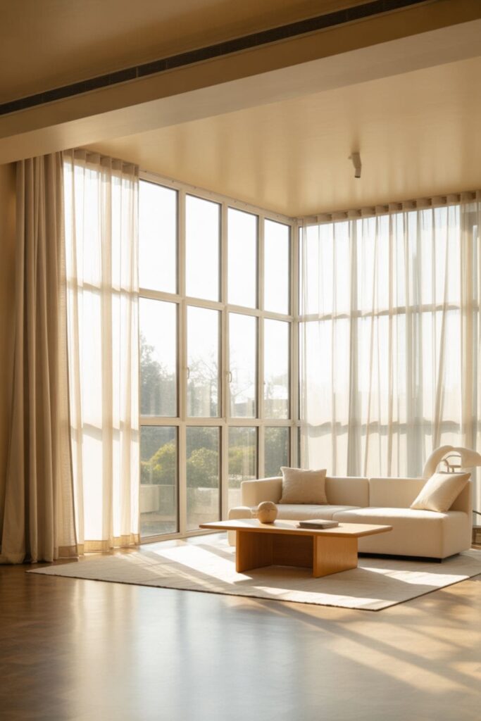 Low-ceiling living room with flat, clean ceiling, minimal crown molding, neutral walls, and simple decor