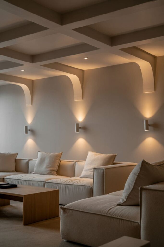 Low-ceiling living room with floor-to-ceiling sheer curtains, tall windows, soft natural light, and minimal furniture