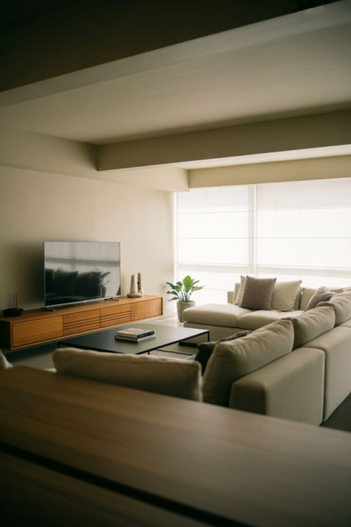 Low-ceiling living room with long, low media unit under mounted TV, neutral color palette, minimal decor, and modern sofa