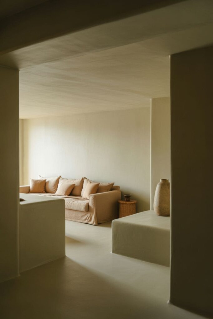 Low-ceiling living room with matte-finish walls and furniture, soft neutral colors, and cozy minimalist layout