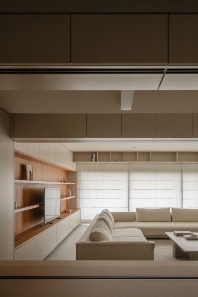 Low-ceiling living room with vertical artwork hung slightly above eye level, neutral walls, and minimal decor