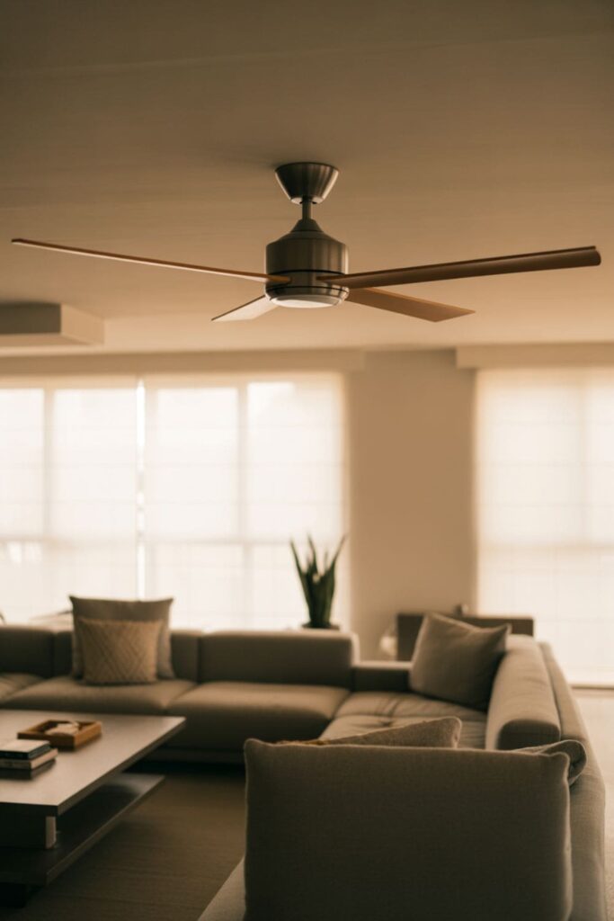 Low-ceiling living room with wall-mounted TV unit and floating console, light-colored sofa, and open floor space