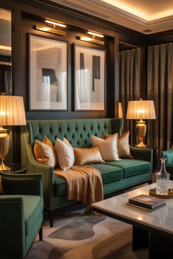 Luxury living room with velvet statement sofa, plush cushions, and elegant throws, boutique hotel-inspired