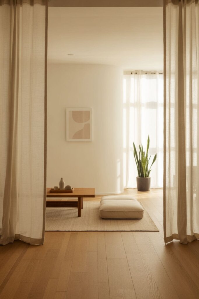 Meditation and calm living room without a TV with minimal furniture and soft textures