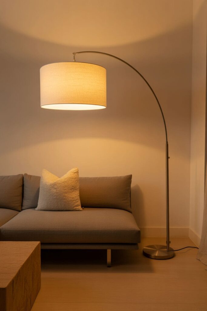 Minimal living room with an oversized floor lamp adding warmth and visual impact