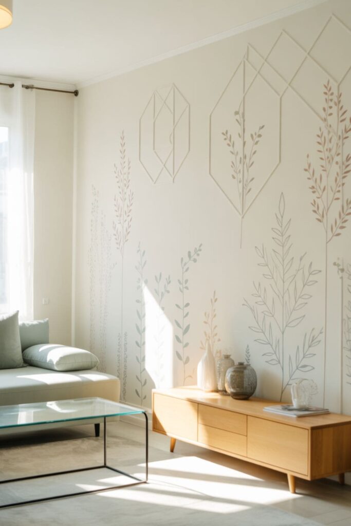 Minimal wall decals adding detail to a renter-friendly living room