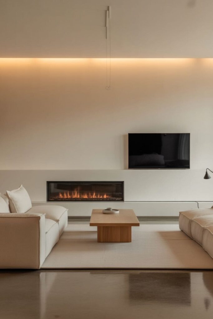 Minimalist living room with a slim fireplace and floating TV in neutral tones