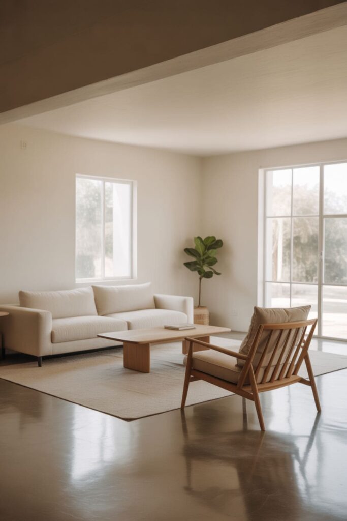 Minimalist living room without a TV with simple furniture and a neutral color palette