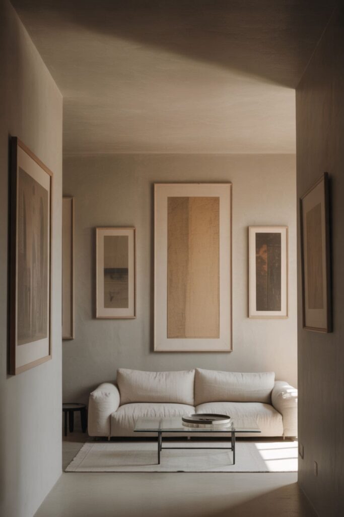 Minimalist low-ceiling living room with exposed-legged furniture, glass coffee table, medium-sized rug, and open floor space