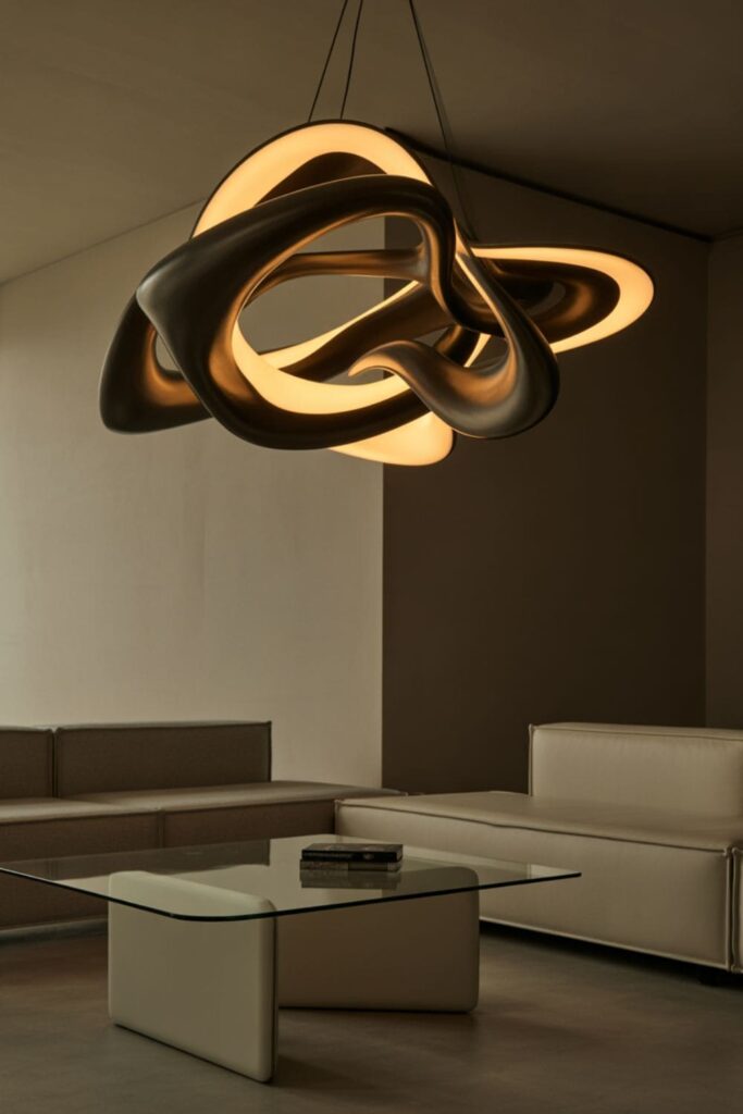 Modern living room featuring a sculptural light fixture as a design focal point