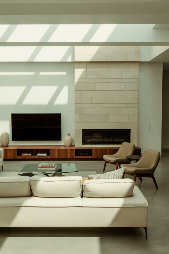 Modern living room with a fireplace, TV, and low media console creating a grounded look