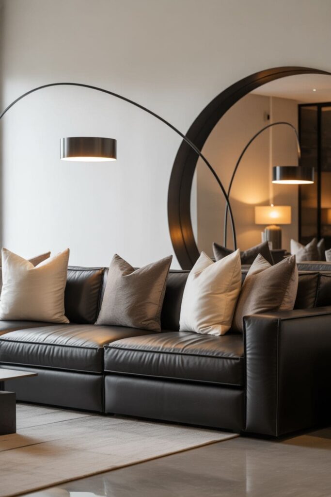 Modern living room with a grey couch and black accent furniture