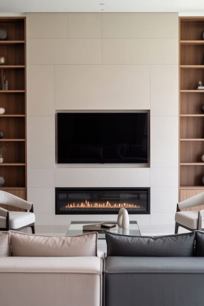 Modern living room with a linear fireplace positioned below a wide wall-mounted TV