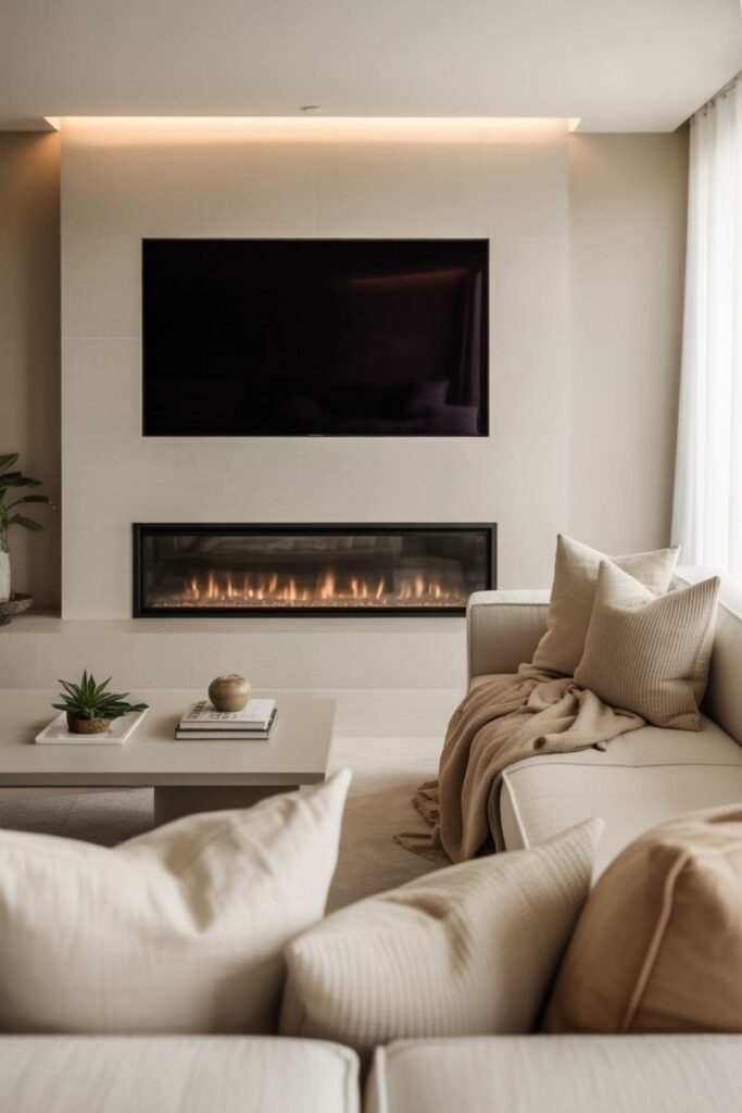 Modern living room with a wall-mounted TV above a sleek fireplace and minimalist furniture