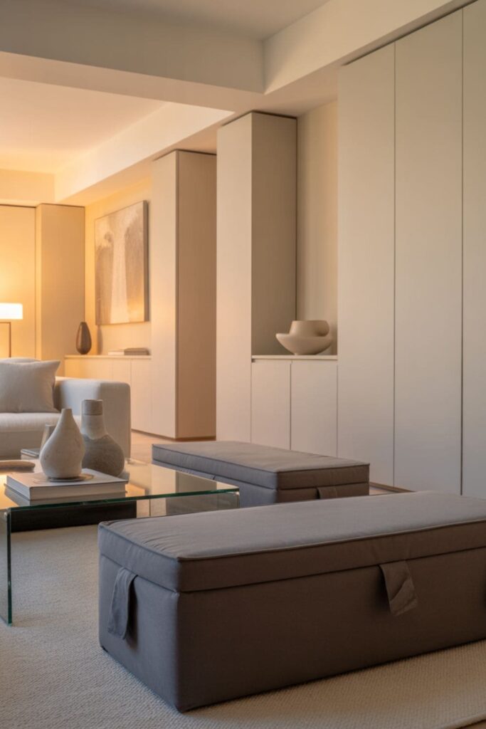 Modern living room with hidden storage ottomans and built-in cabinets, clutter-free boutique hotel style