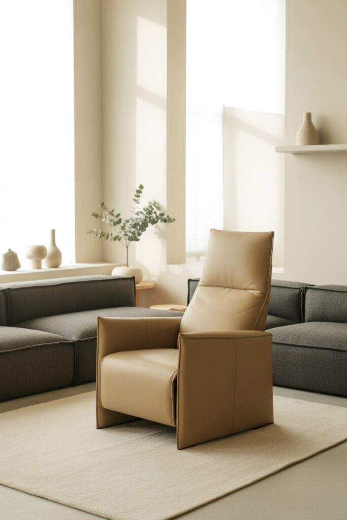 Modern living room with slim beige recliner, low-profile sofa, minimal decor, and neutral tones