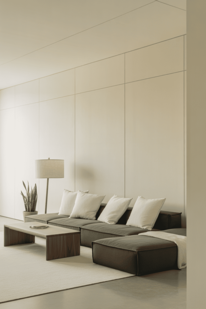 Modern living room with subtle flat wall paneling and clean lines