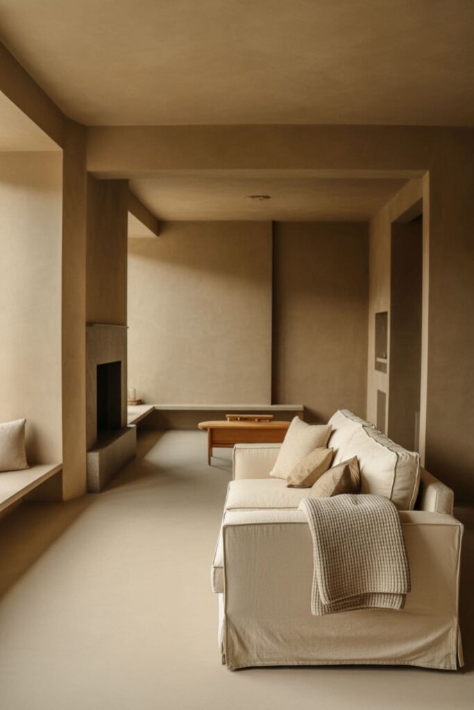 Modern low-ceiling living room with flush-mounted slim-blade ceiling fan, neutral walls, and minimalist furniture