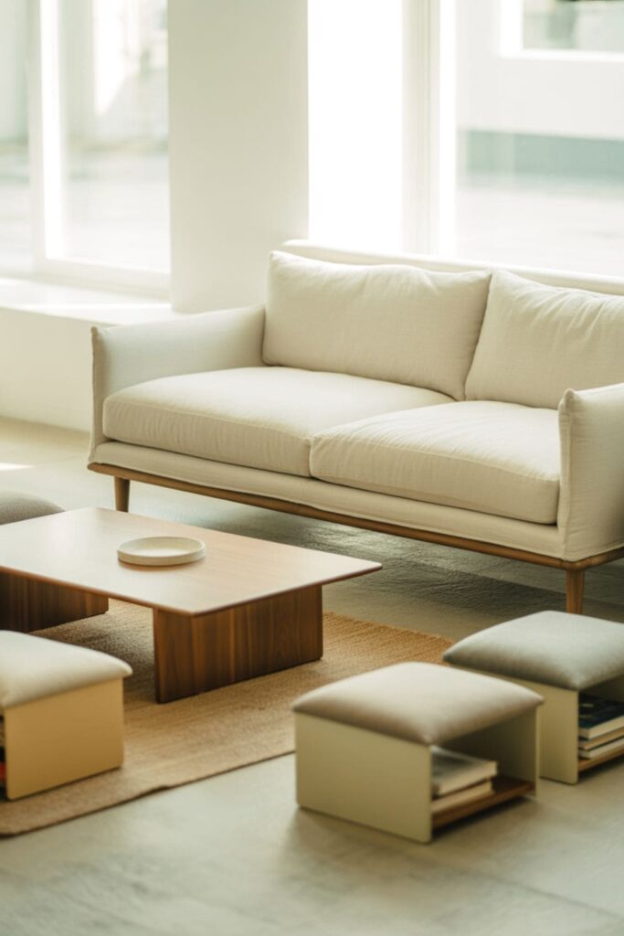 Modern low-ceiling living room with low-profile sofa, short-legged coffee table, and minimalistic furniture arrangement