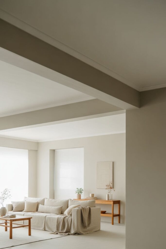 Modern low-ceiling living room with sleek built-in storage units, floating shelves, and uncluttered, open space