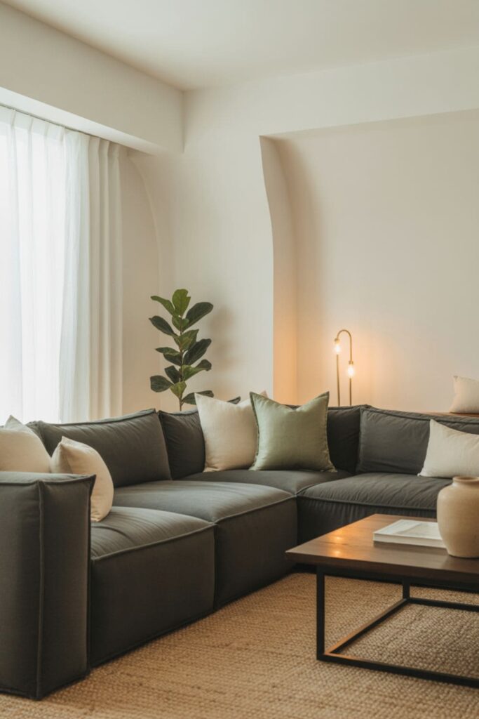 Modern low-ceiling living room with thin floating shelves, minimal decor items, neutral walls, and uncluttered space