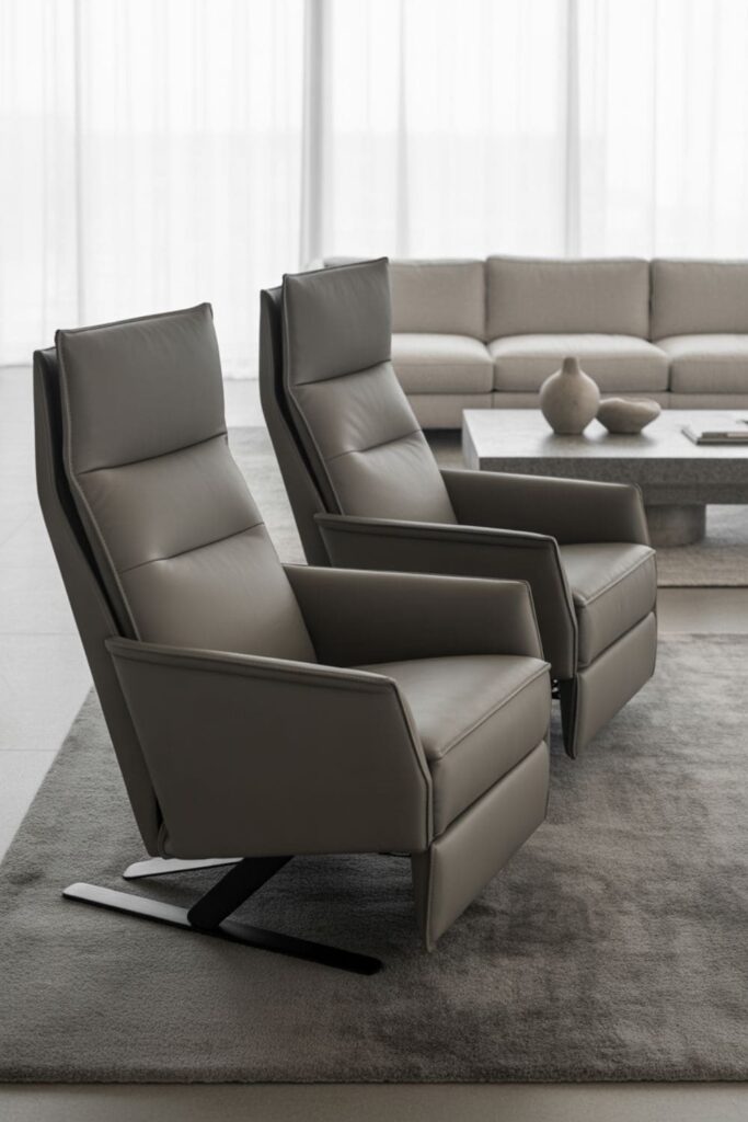 Modern monochrome living room with gray recliners, layered textures, and minimalist decor