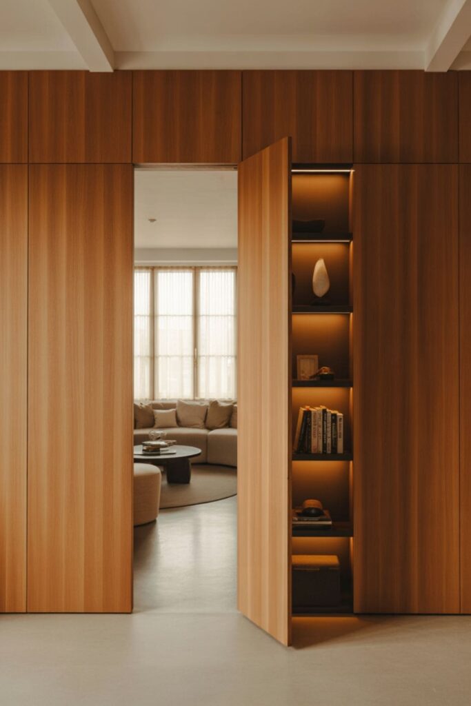 Modern wall paneling that discreetly conceals hidden storage cabinets