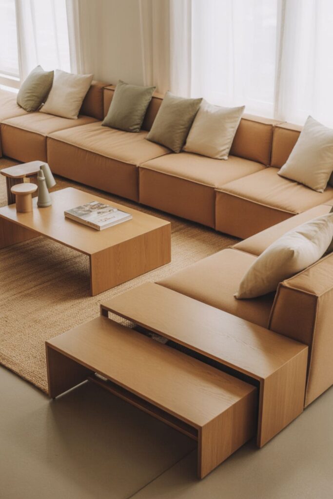 Modular furniture arranged flexibly in a renter-friendly living room