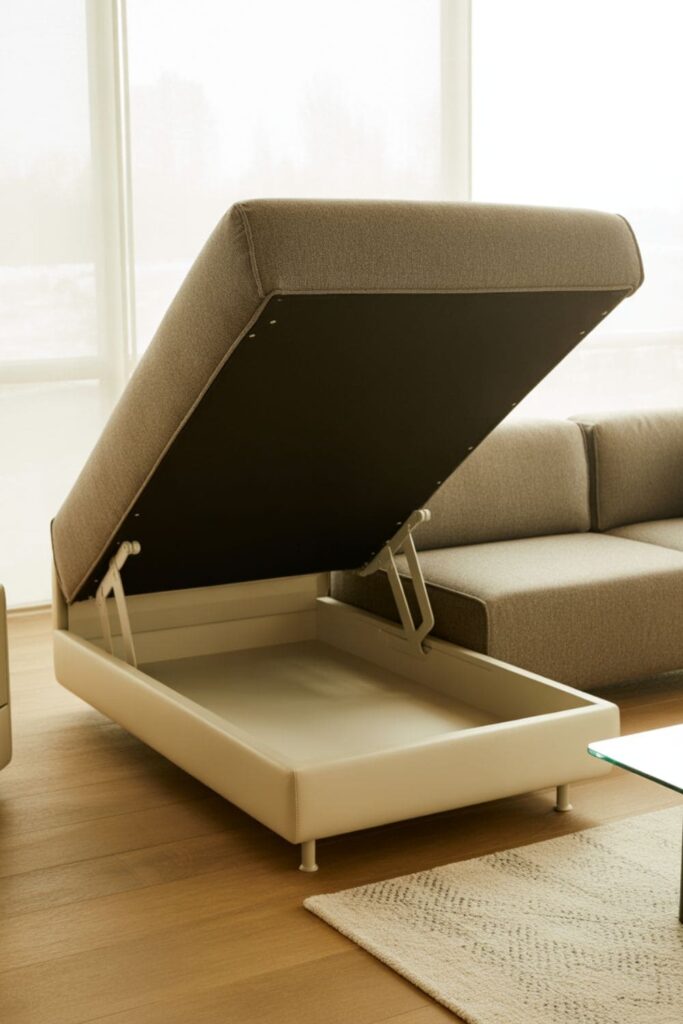 Modular living room seating with built-in hidden storage compartments