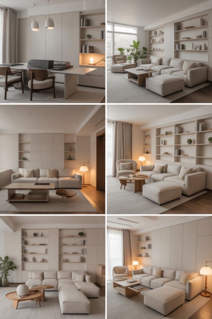 Multi-purpose living room without a TV designed for reading, work, and conversation