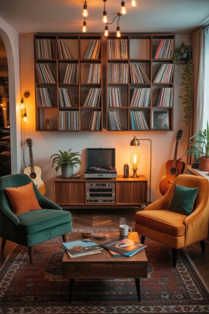 Music-lover’s living room without a TV featuring a record player and vinyl storage